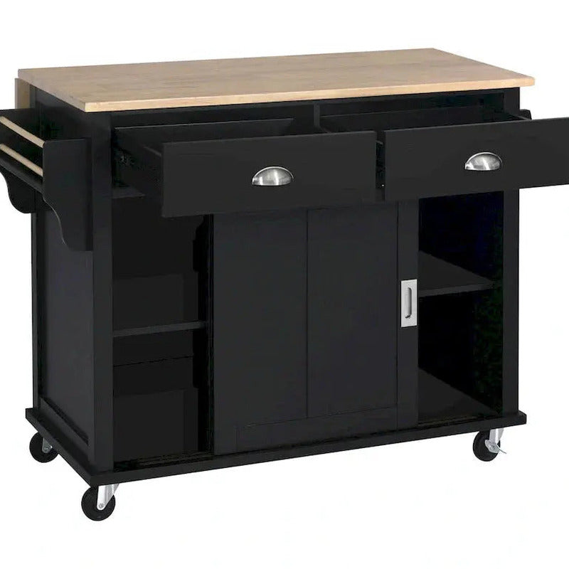 Rubberwood Kitchen Island Cart With Drop-Leaf Countertop, Concealed Barn Door Storage And 4 Locking Casters - 52.2 x 30.5 x 36.6 Inches