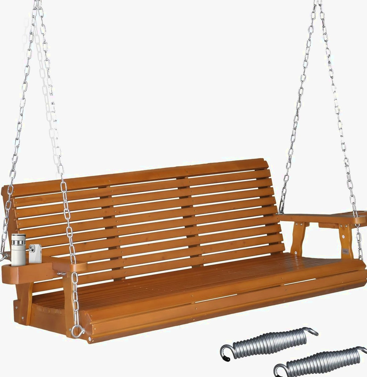 VINGLI Patio Porch Swing Bench With Cup Holders And Phone Slots, 5 FT Pro Brown, 880 LBS