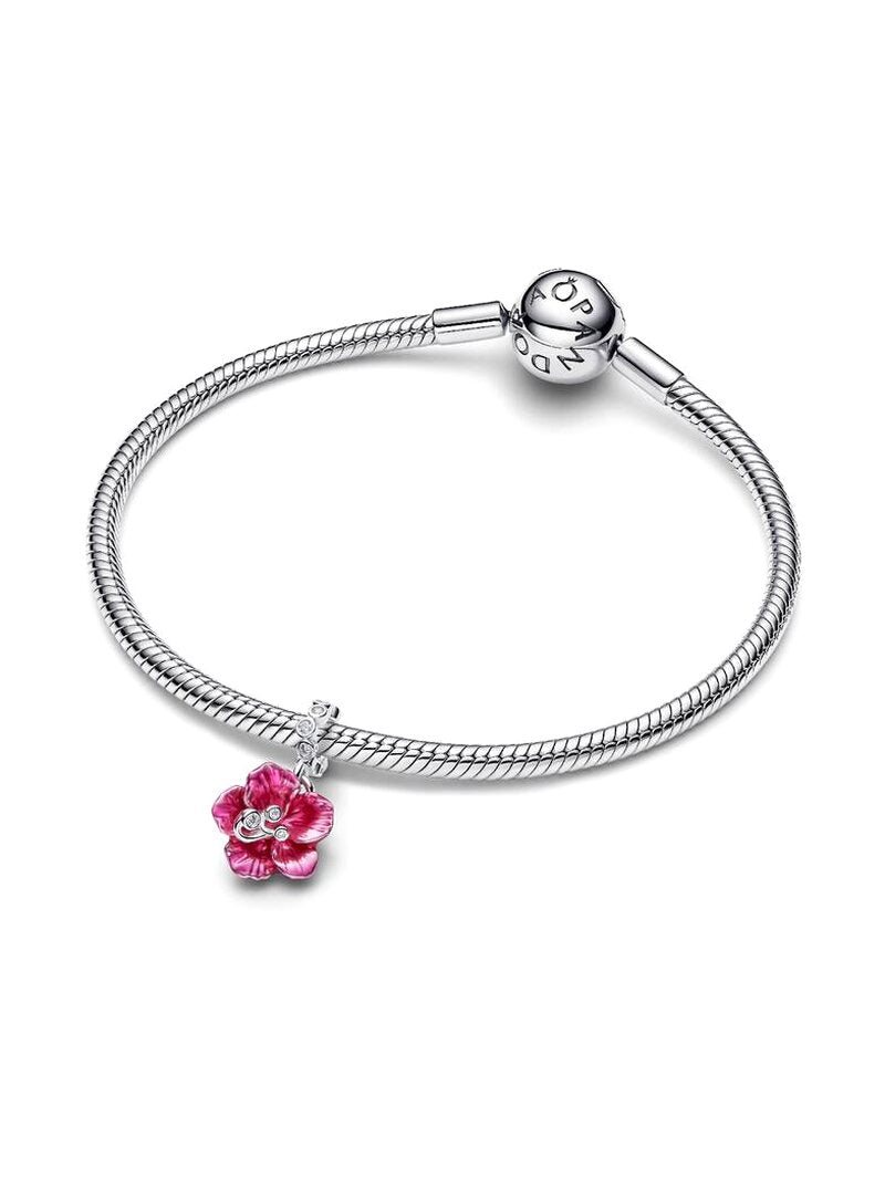 Pink Flower Silver Dangle Charm