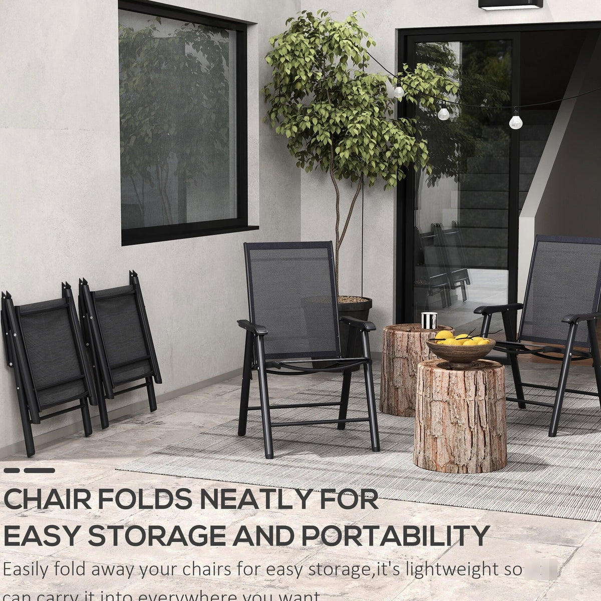 Patio Folding Stackable Outdoor Sling Chairs, 4 Count, Black - 22.87in L x 25.15in W x 37in H