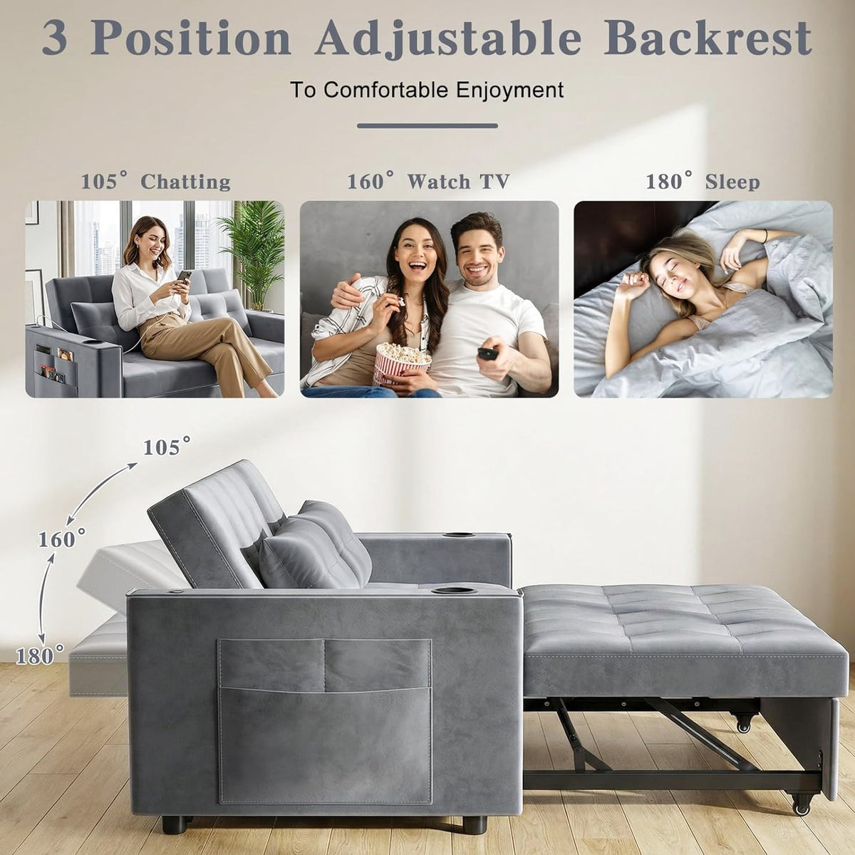 3-in-1 Pull-Out Sofa Bed With Charging Station, Cup Holder And Side Storage - 70in Grey