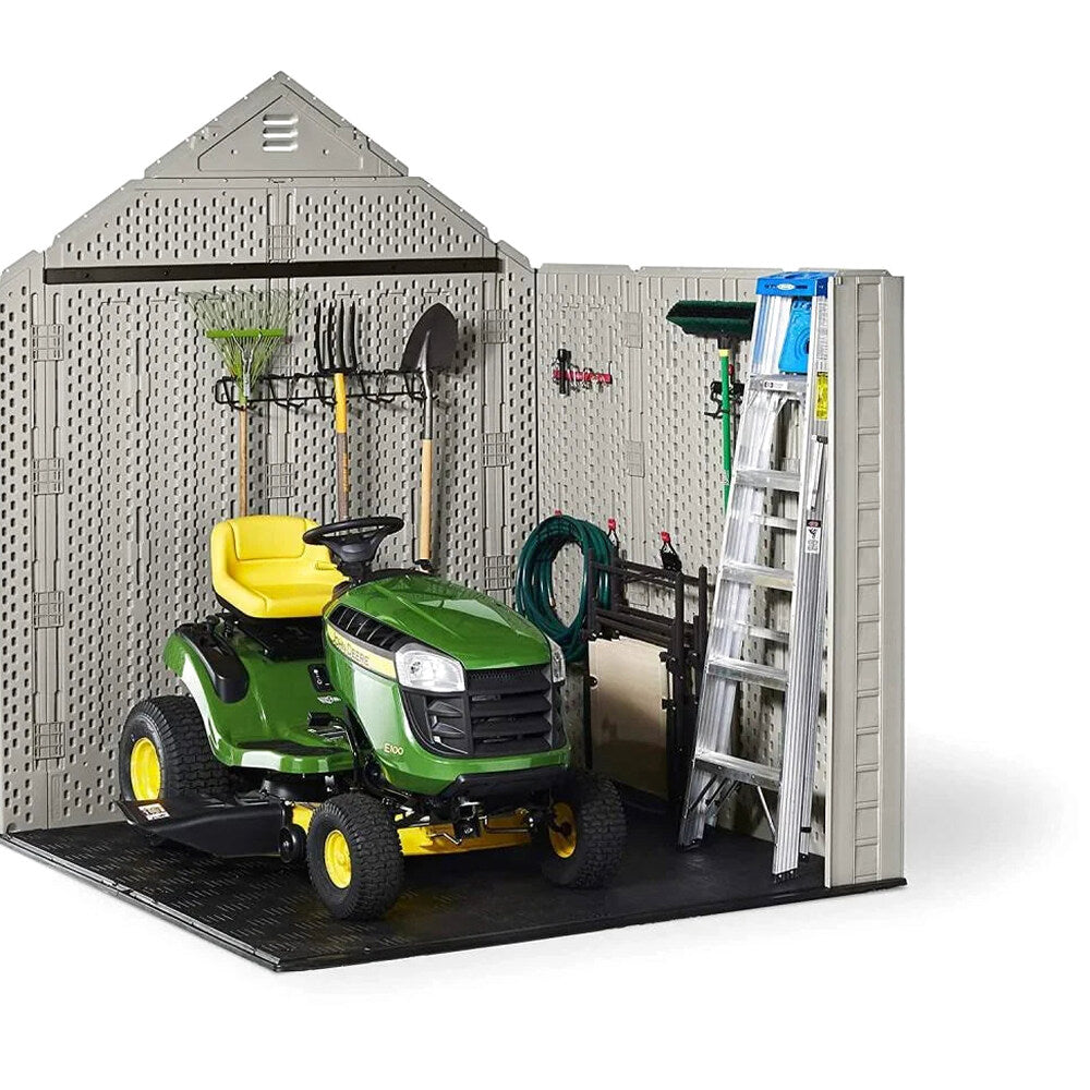 Rubbermaid Resin Outdoor Garden Storage Shed With Windows And Utility Hooks, Sand - 7x7 Ft
