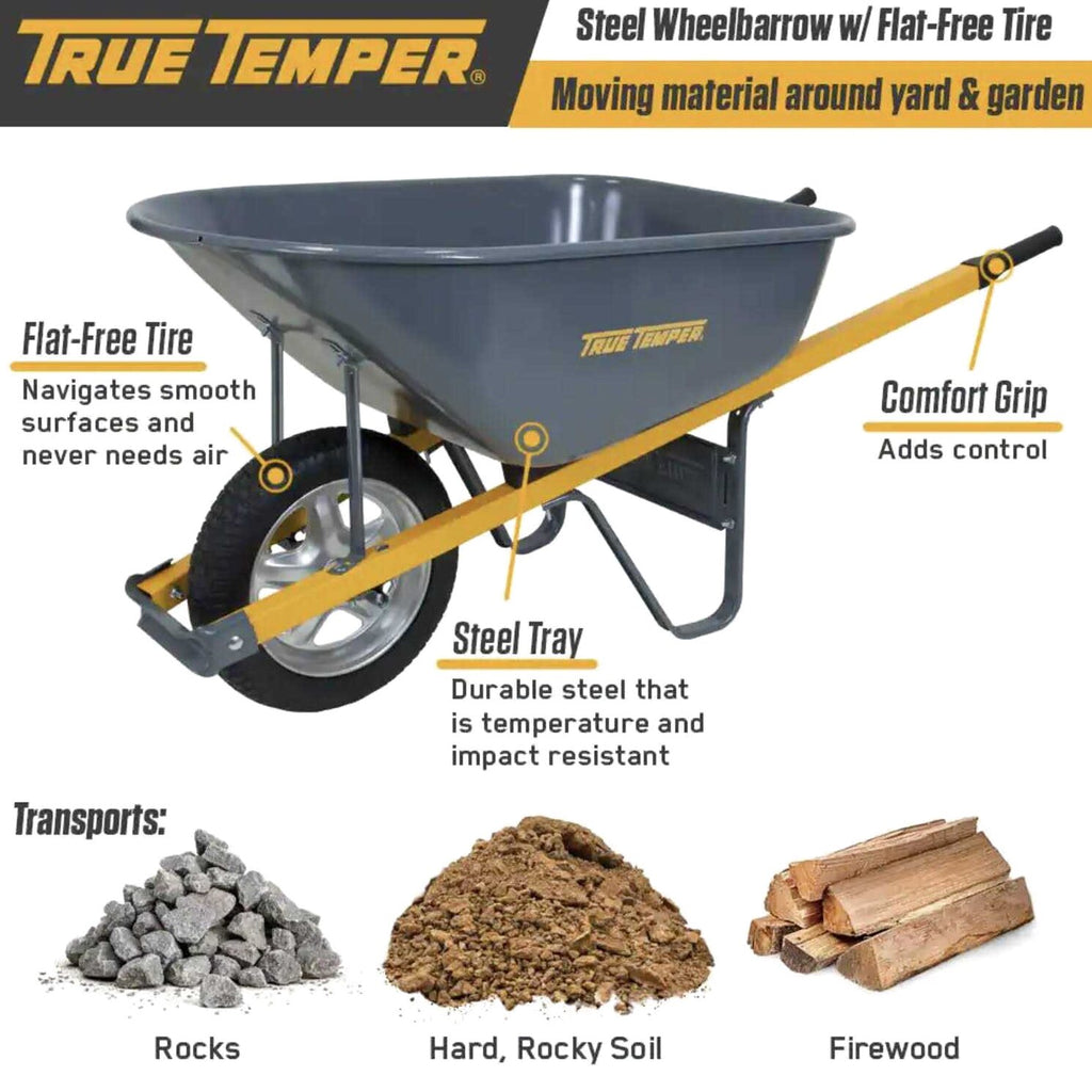 True Temper Residential Steel Wheelbarrow, 6 cu ft