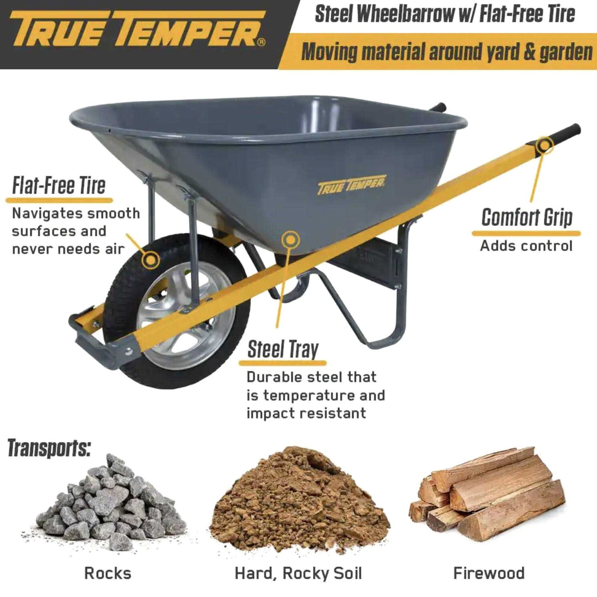 True Temper Residential Steel Wheelbarrow, 6 cu ft