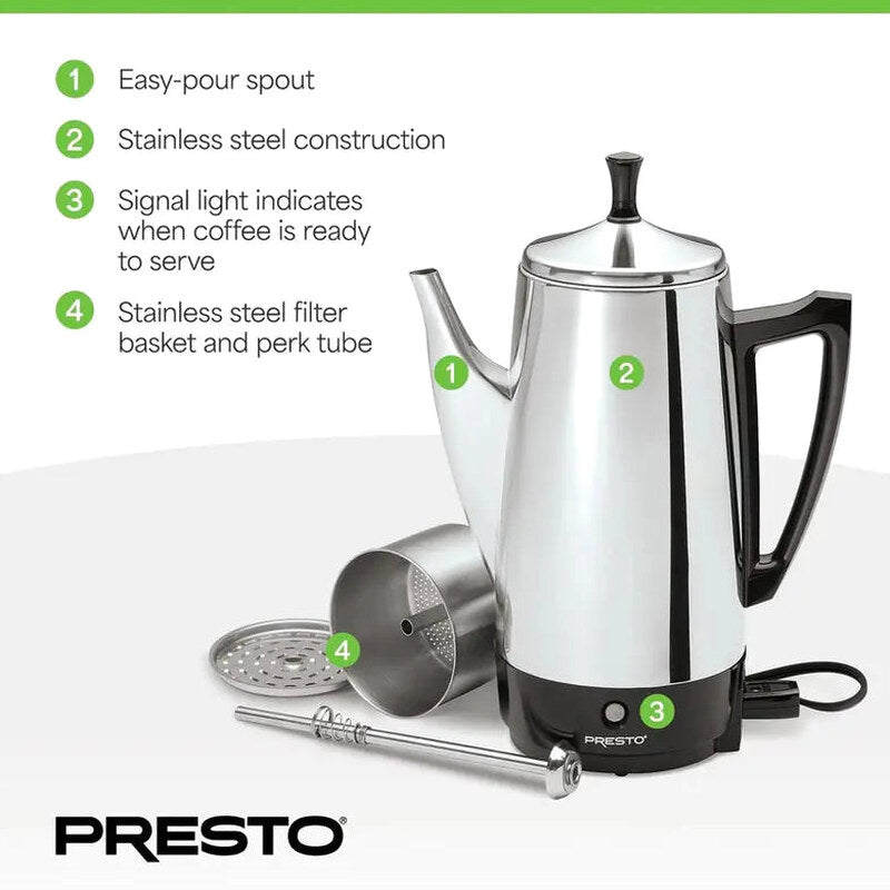 Presto Stainless Steel Percolator Coffee Maker, 2 To 12 Cups, Silver