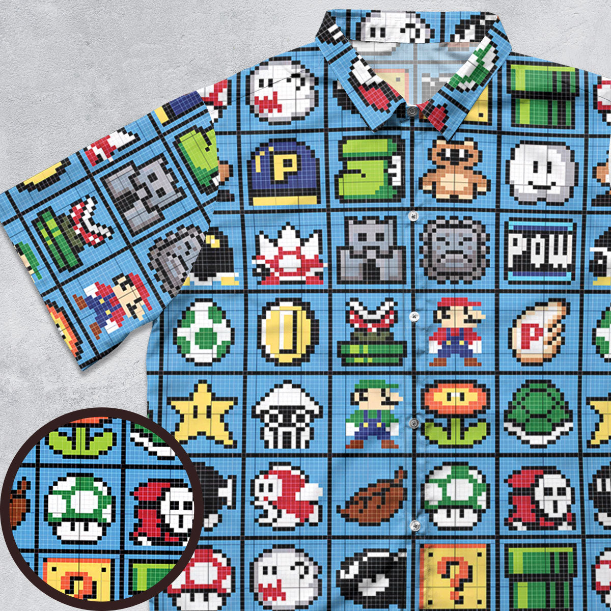 Mario Pixel Super Mario Pattern Button Down Shirt