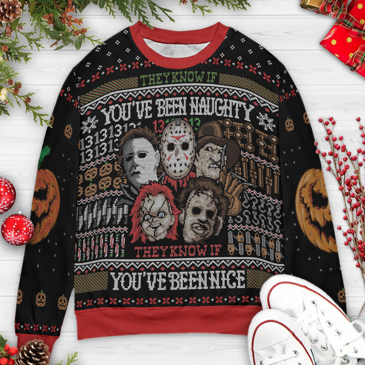 They Know If you've been naughty Horror Characters Ugly Christmas Sweatshirt
