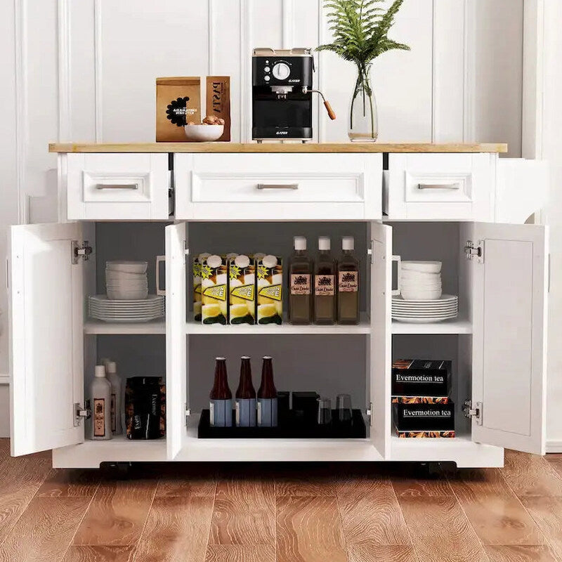 White Rolling Kitchen Island Cart With Drop-Leaf Wood Top, Embossed Finish, Doors And Drawers