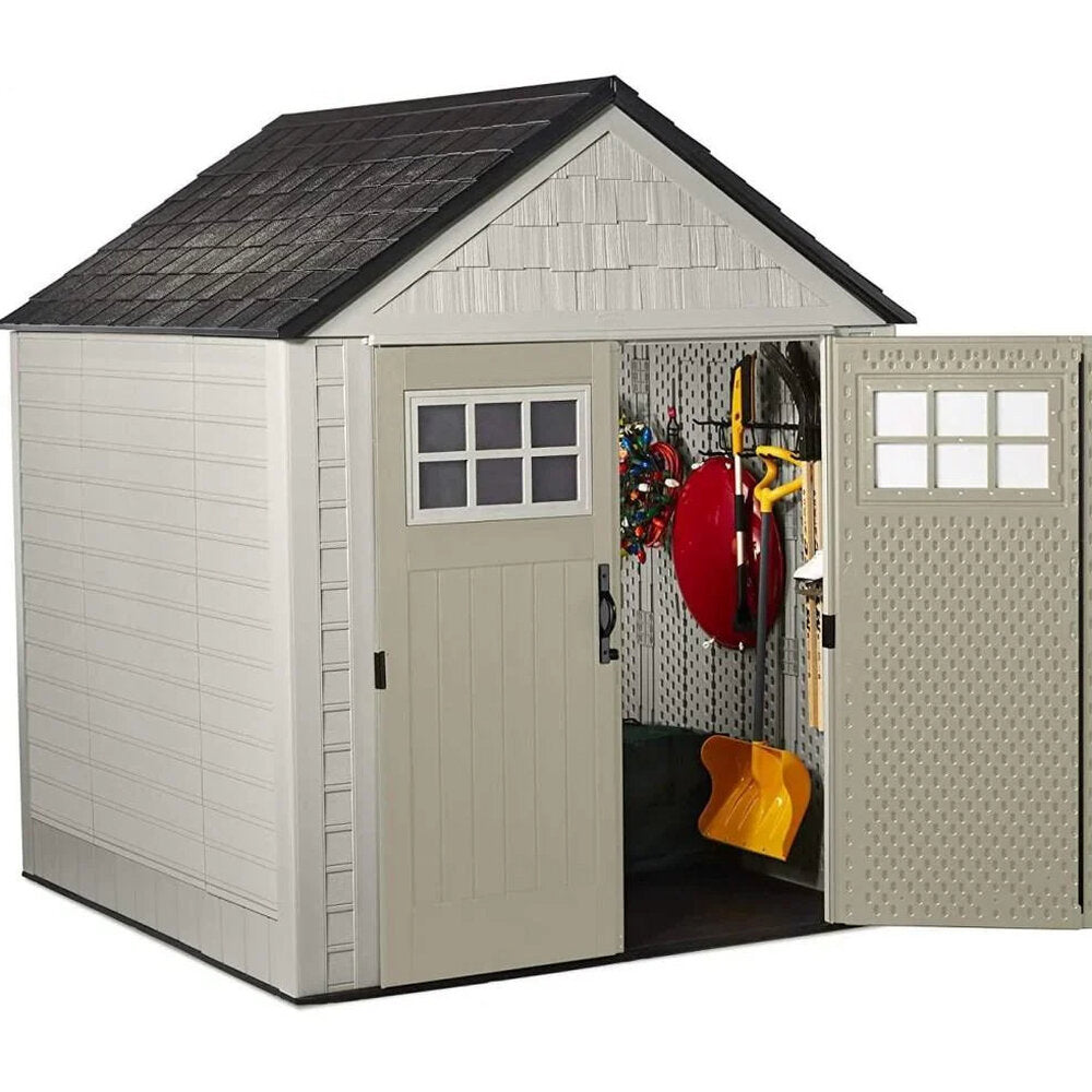 Rubbermaid Resin Outdoor Garden Storage Shed With Windows And Utility Hooks, Sand - 7x7 Ft