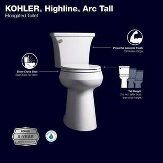 KOHLER Highline Arc Extra Tall Elongated Toilet, White, 1.28 GPF, 2-Piece - 78305-0