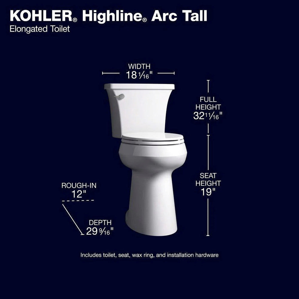 KOHLER Highline Arc Extra Tall Elongated Toilet, White, 1.28 GPF, 2-Piece - 78305-0