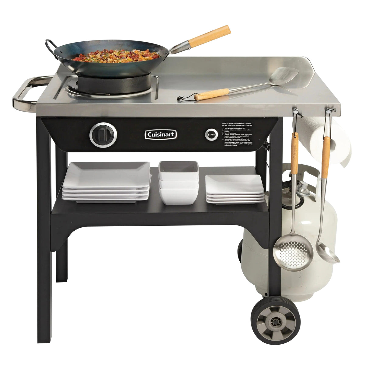 Cuisinart Outdoor Wok Station With Prep Table, 50,000 BTU, 14 inch Carbon Steel Wok - Black