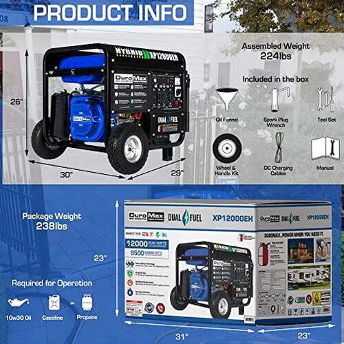 DuroMax Dual Fuel Generator 12,000W Gas/Propane, 457cc 4-Stroke Engine - XP12000EH
