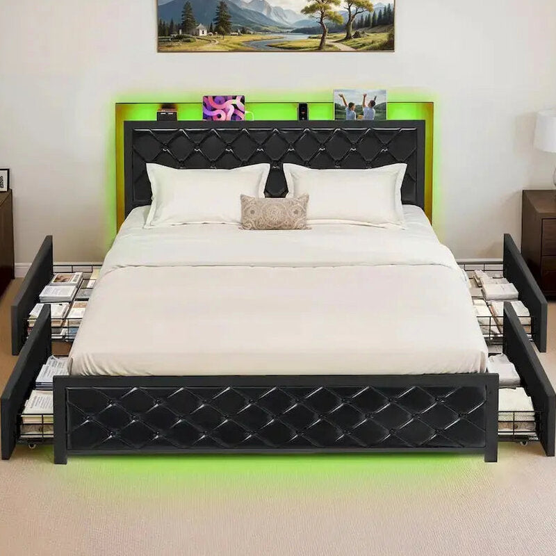 Moasis Queen Upholstered Faux Leather Platform Bed Frame With Headboard, 4 Storage Drawers, RGB LED Lights, USB-C Charging Ports - Black