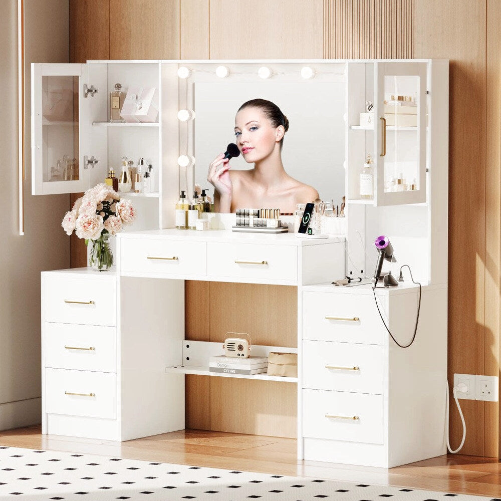 UGTOO LED Makeup Vanity Desk With Mirror, 58.27in, 10 Adjustable LED Bulbs, 8 Drawers, 2 Cabinets, White
