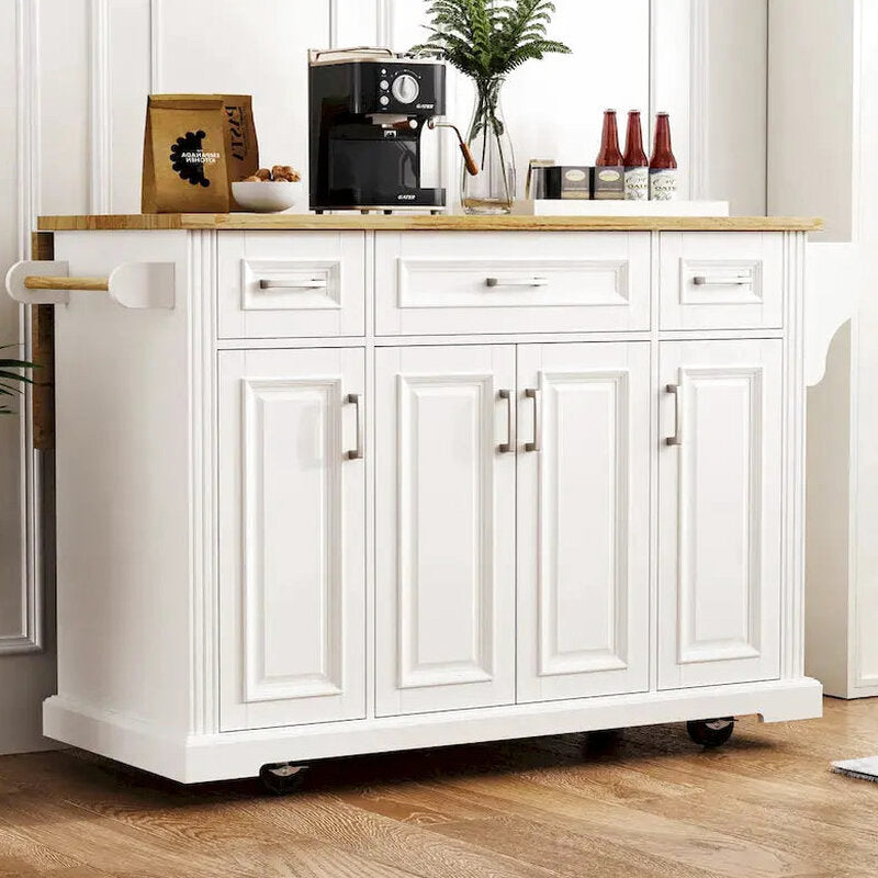 White Rolling Kitchen Island Cart With Drop-Leaf Wood Top, Embossed Finish, Doors And Drawers