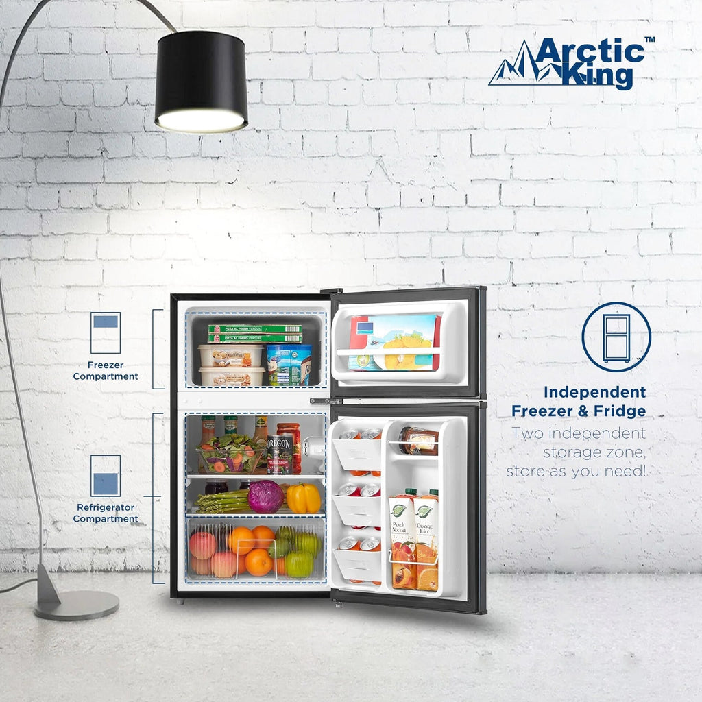 Arctic King Two-Door Mini Fridge With Freezer, 3.2 Cu. Ft., Stainless Steel