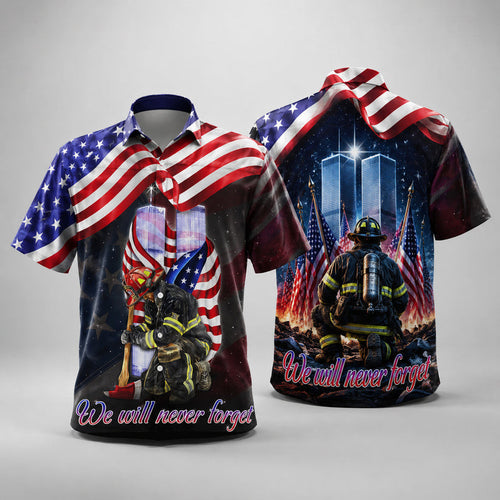 9 11 Firefighter Tribute Hawaiian Shirt Twin Towers Remembrance Aloha Shirt Patriotic Dad Gifts