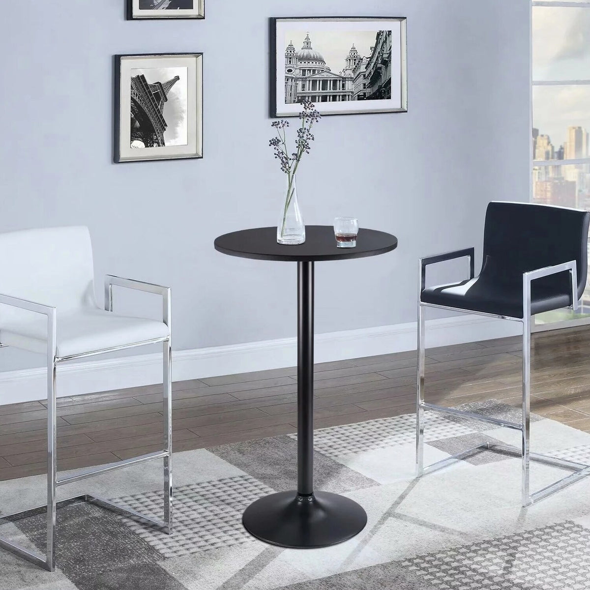 Round Bar-Height Bistro Pub Table With Metal Base And MDF Top, 23.8 x 23.8 x 39.5 Inch