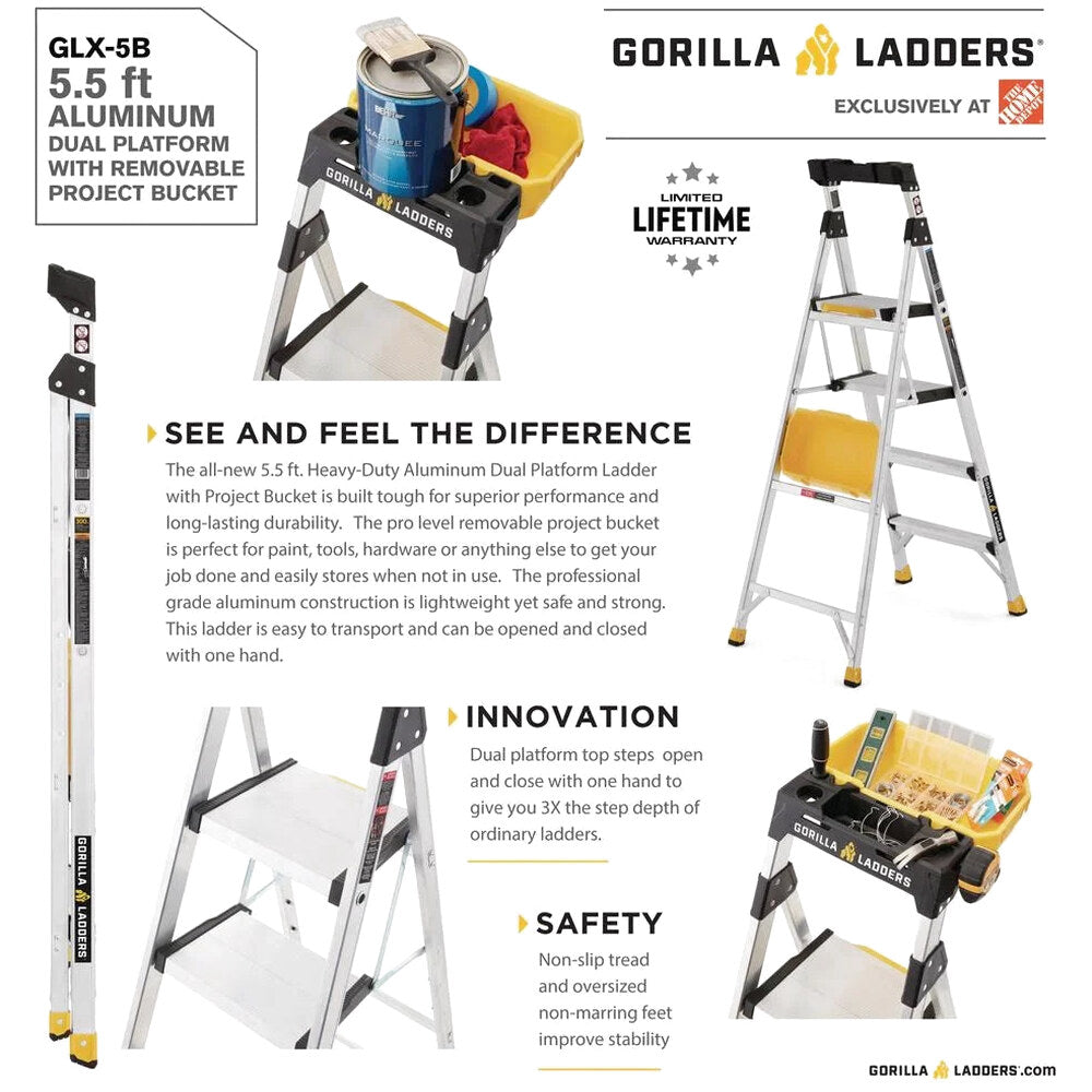 Gorilla Ladders Aluminum Dual Platform Ladder With Project Bucket, 5.5 Ft, 300 Lb Capacity