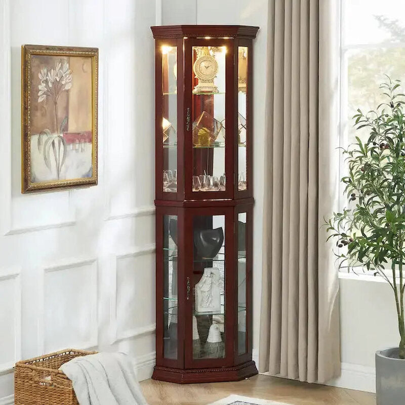 Corner Display Curio Cabinet With Tempered Glass Shelves, Mirrored Back And Built-In Lighting, 69.75H x 21.5W x 16D