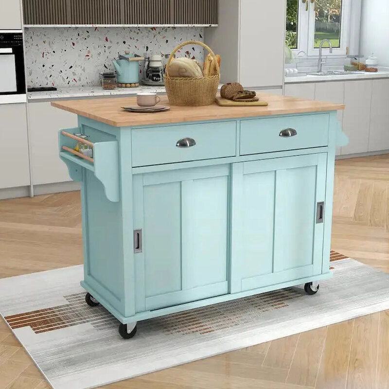 Rubberwood Kitchen Island Cart With Drop-Leaf Countertop, Concealed Barn Door Storage And 4 Locking Casters - 52.2 x 30.5 x 36.6 Inches