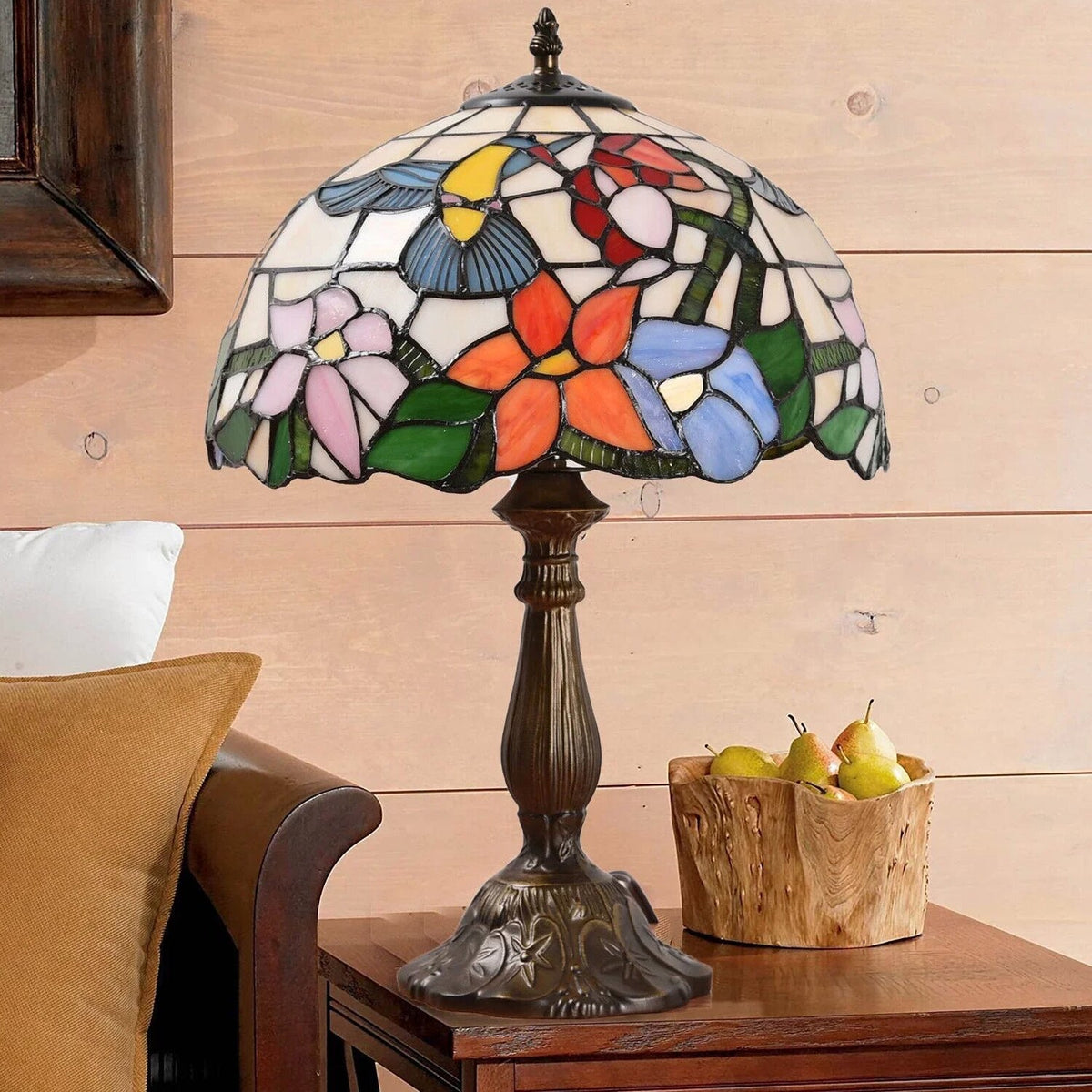 Tiffany Style Stained Glass Hummingbird Table Lamp 12in Shade, 18in Tall