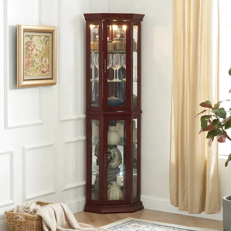 Corner Display Curio Cabinet With Tempered Glass Shelves, Mirrored Back And Built-In Lighting, 69.75H x 21.5W x 16D