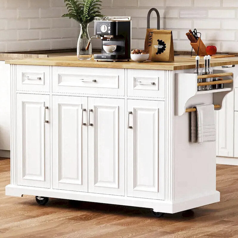White Rolling Kitchen Island Cart With Drop-Leaf Wood Top, Embossed Finish, Doors And Drawers