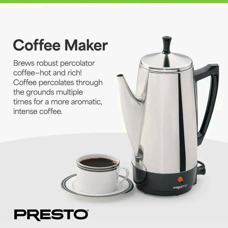 Presto Stainless Steel Percolator Coffee Maker, 2 To 12 Cups, Silver