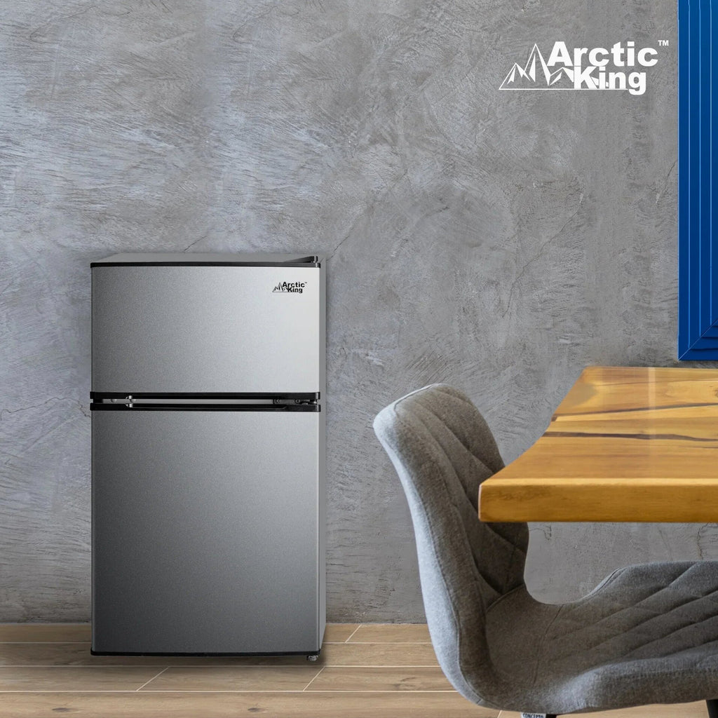 Arctic King Two-Door Mini Fridge With Freezer, 3.2 Cu. Ft., Stainless Steel