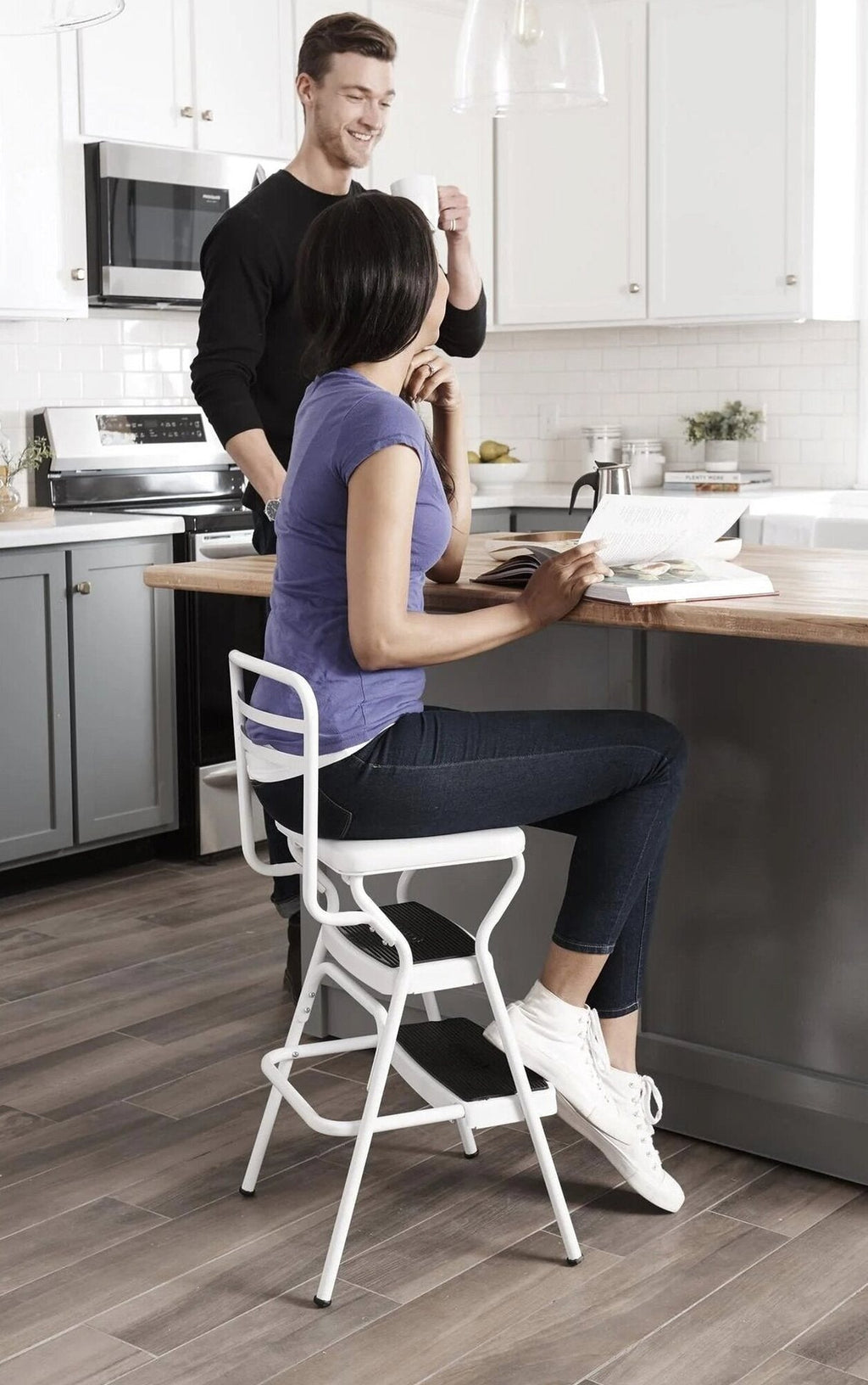 COSCO Stylaire Retro Chair And Step Stool With Flip-Up Seat - White, One Pack