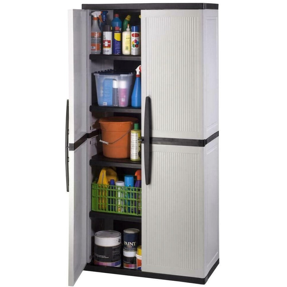 HDX Gray Plastic Freestanding Garage Cabinet With Adjustable Shelves And Lockable Doors, 35in W X 71in H X 18in D