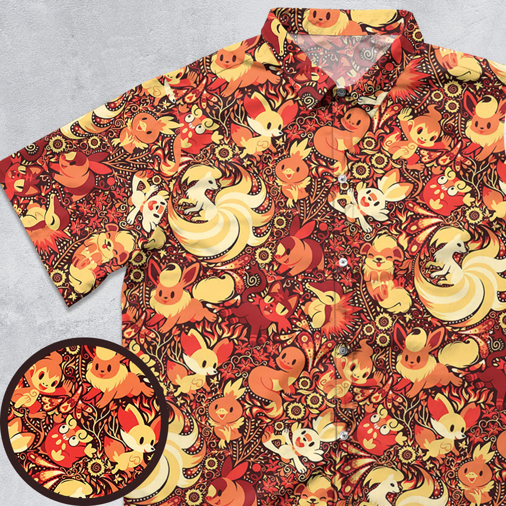 Pokemon Fire Pattern Button Down Shirt