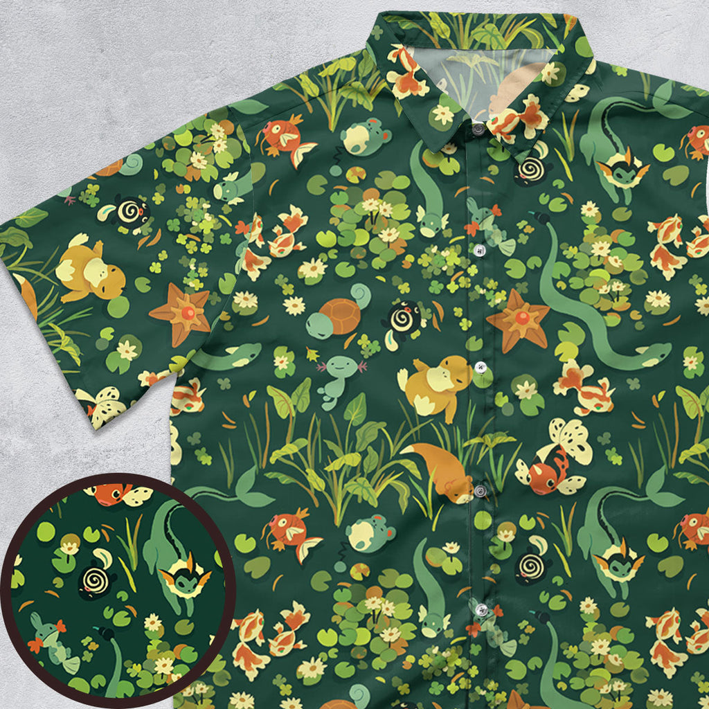 Floating In A Pond Magikarp Psyduck Vaporeon Water Pokemon Button Down Shirt