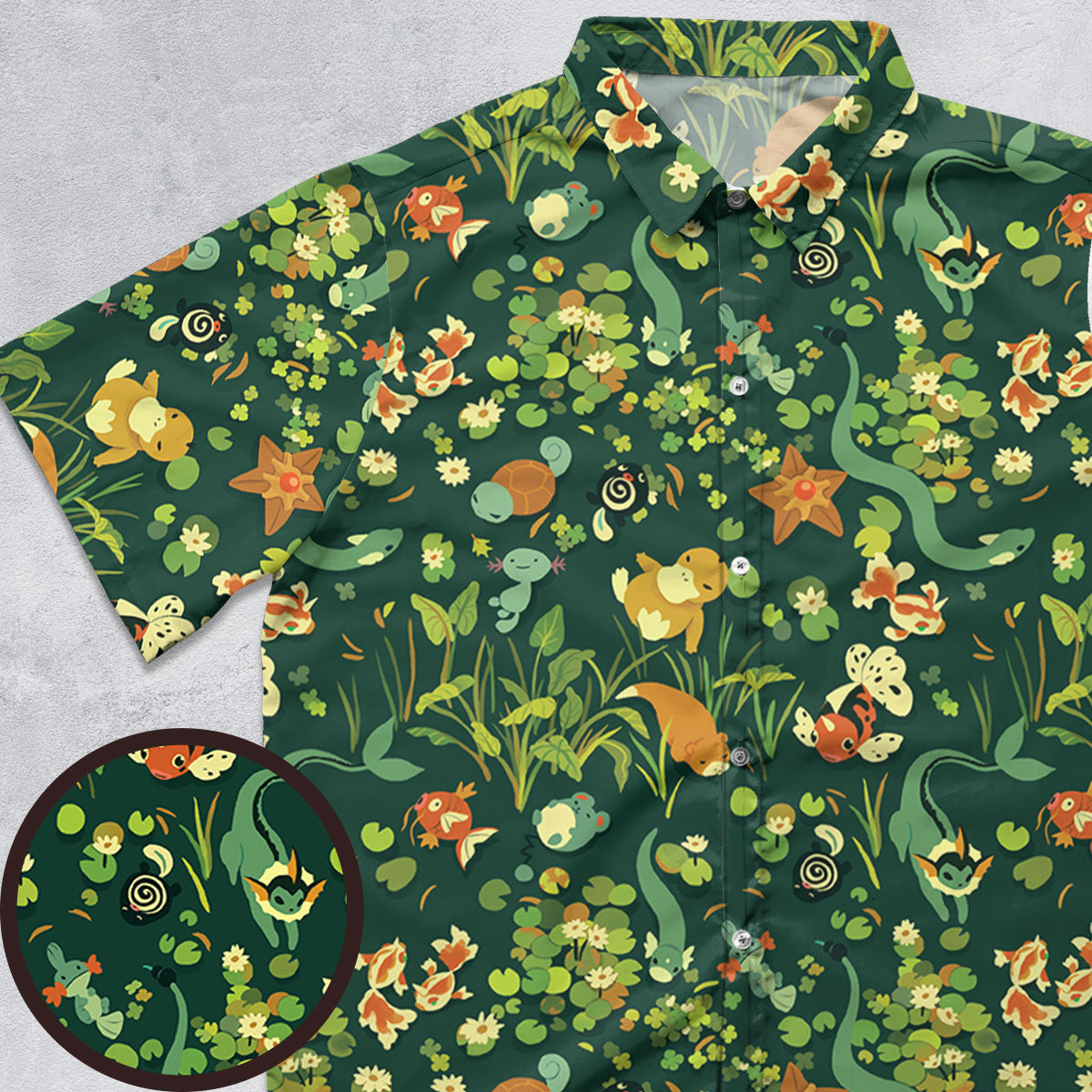 Floating In A Pond Magikarp Psyduck Vaporeon Water Pokemon Button Down Shirt