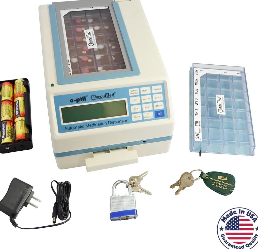e-pill Automatic Pill Dispenser, Tamper Resistant, AC Powered, 7x4 Weekly Tray - CompuMed