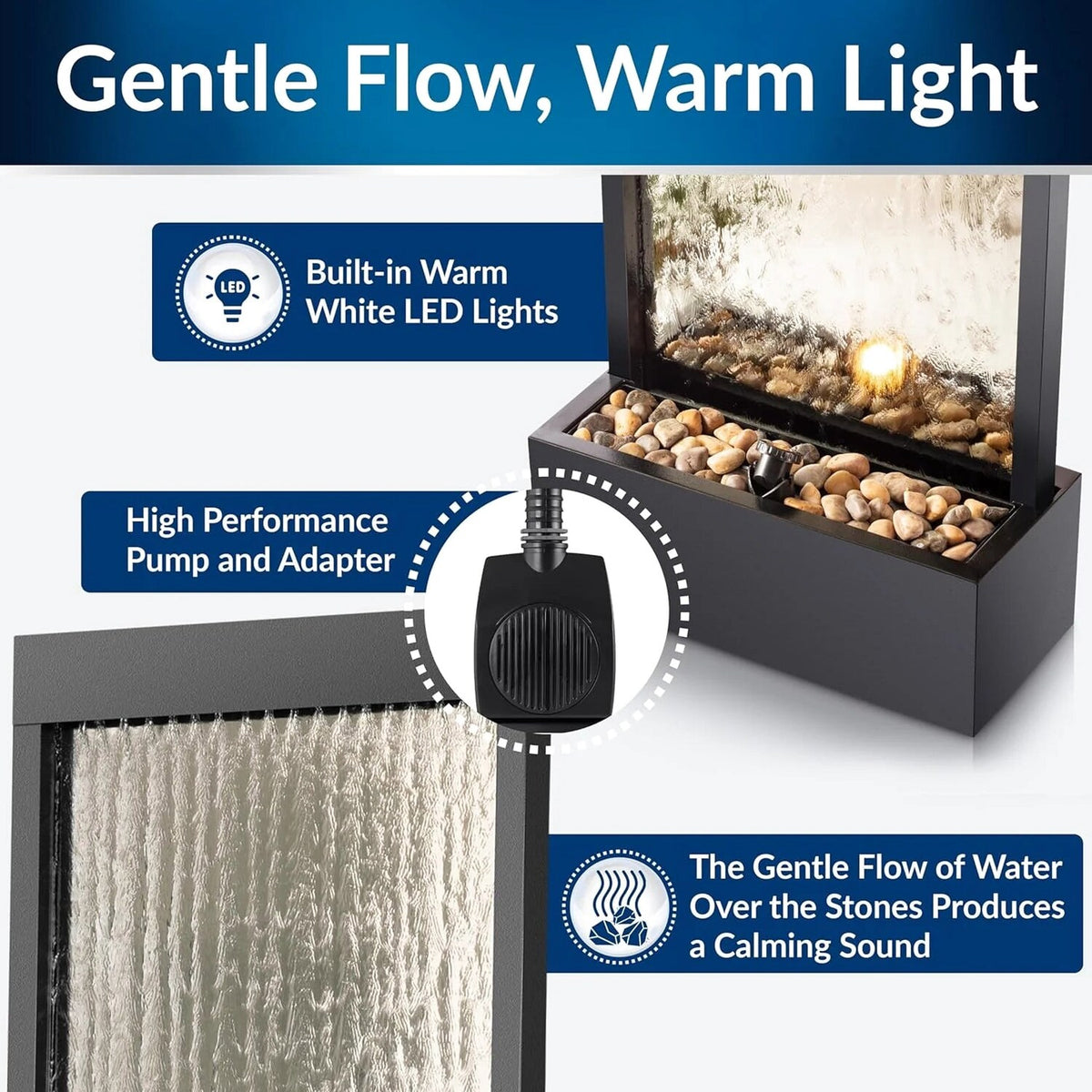 Alpine Corporation Wall-Mounted Mirror Waterfall Fountain With Stones And LED Lights, 24in L x 10in W x 72in H, Silver