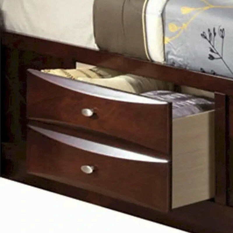 Panel-Style Queen Bookcase Bed With Built-In Drawers - Warm Brown Finish