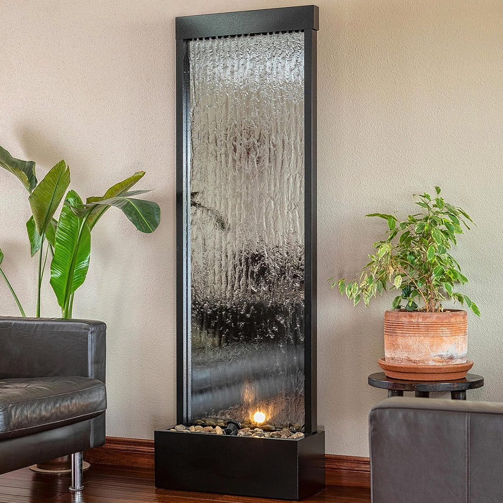 Alpine Corporation Wall-Mounted Mirror Waterfall Fountain With Stones And LED Lights, 24in L x 10in W x 72in H, Silver