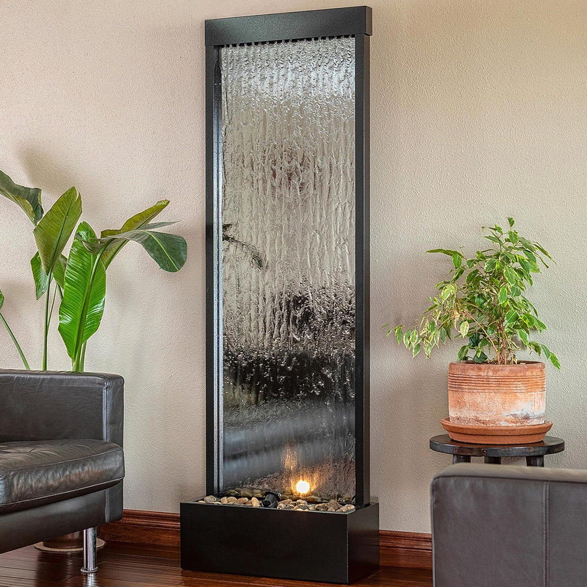 Alpine Corporation Wall-Mounted Mirror Waterfall Fountain With Stones And LED Lights, 24in L x 10in W x 72in H, Silver