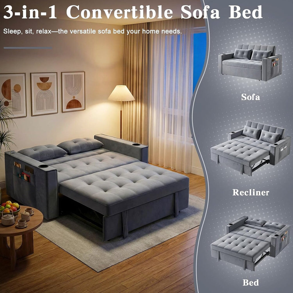 3-in-1 Pull-Out Sofa Bed With Charging Station, Cup Holder And Side Storage - 70in Grey