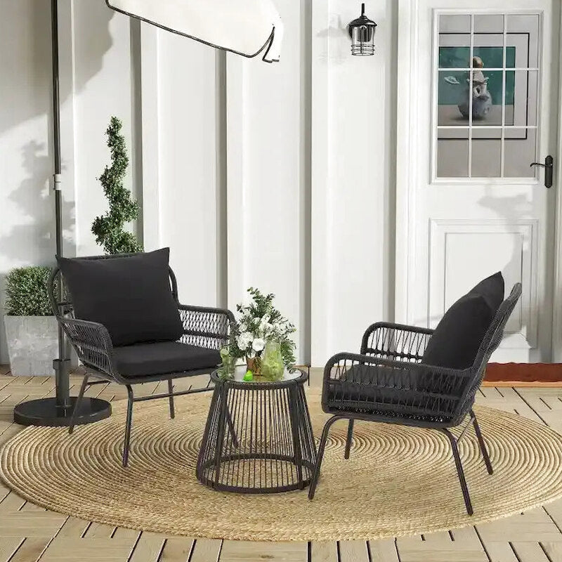3-Piece Rattan Patio Conversation Set With Glass-Top Bistro Table, Two Wide-Arm Chairs And Seat Cushions