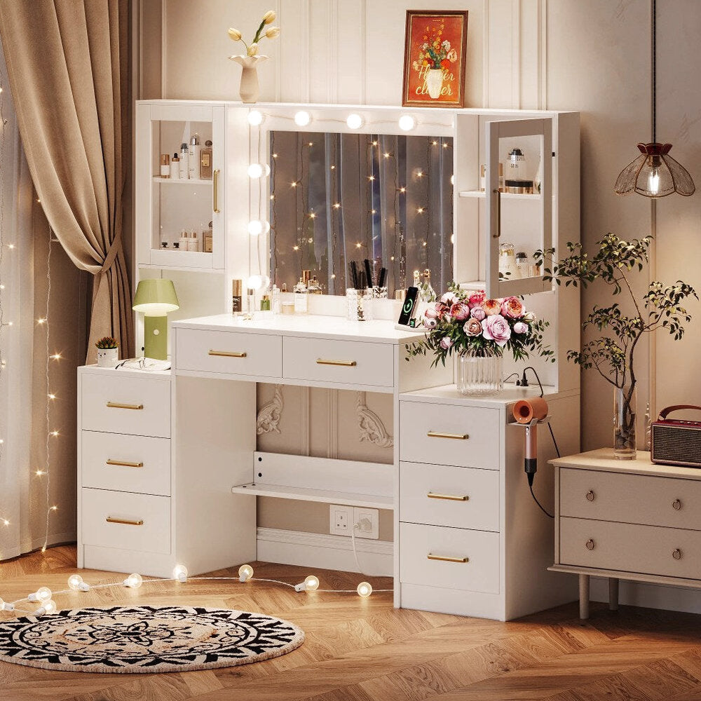 UGTOO LED Makeup Vanity Desk With Mirror, 58.27in, 10 Adjustable LED Bulbs, 8 Drawers, 2 Cabinets, White
