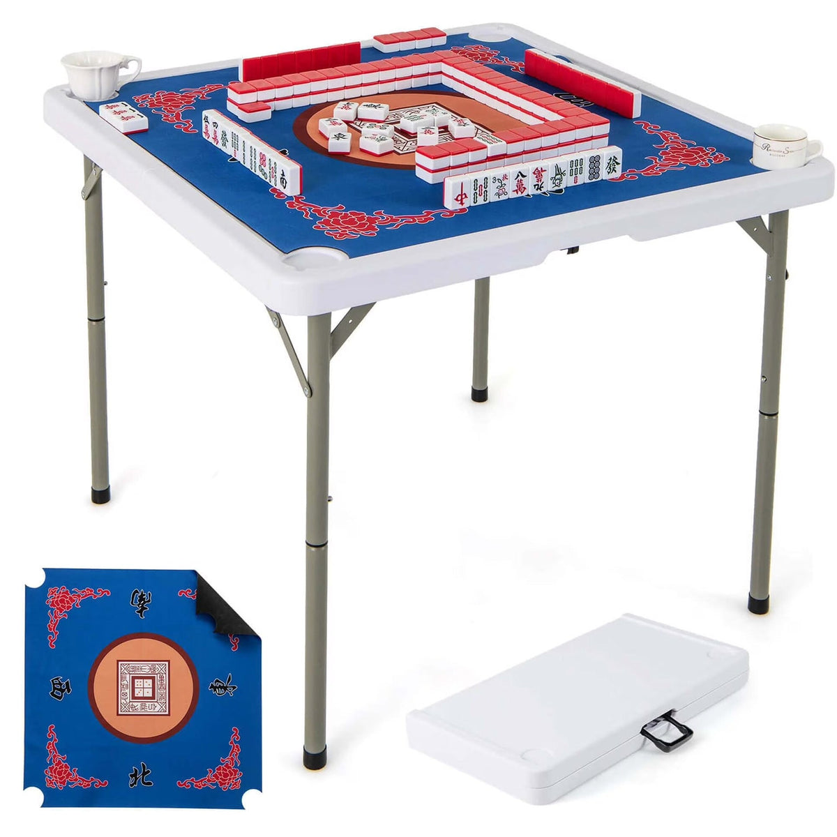 Costway Folding Mahjong Table With Cup Holders, Felt Mat And Carrying Handle - 35in x 35in x 29in