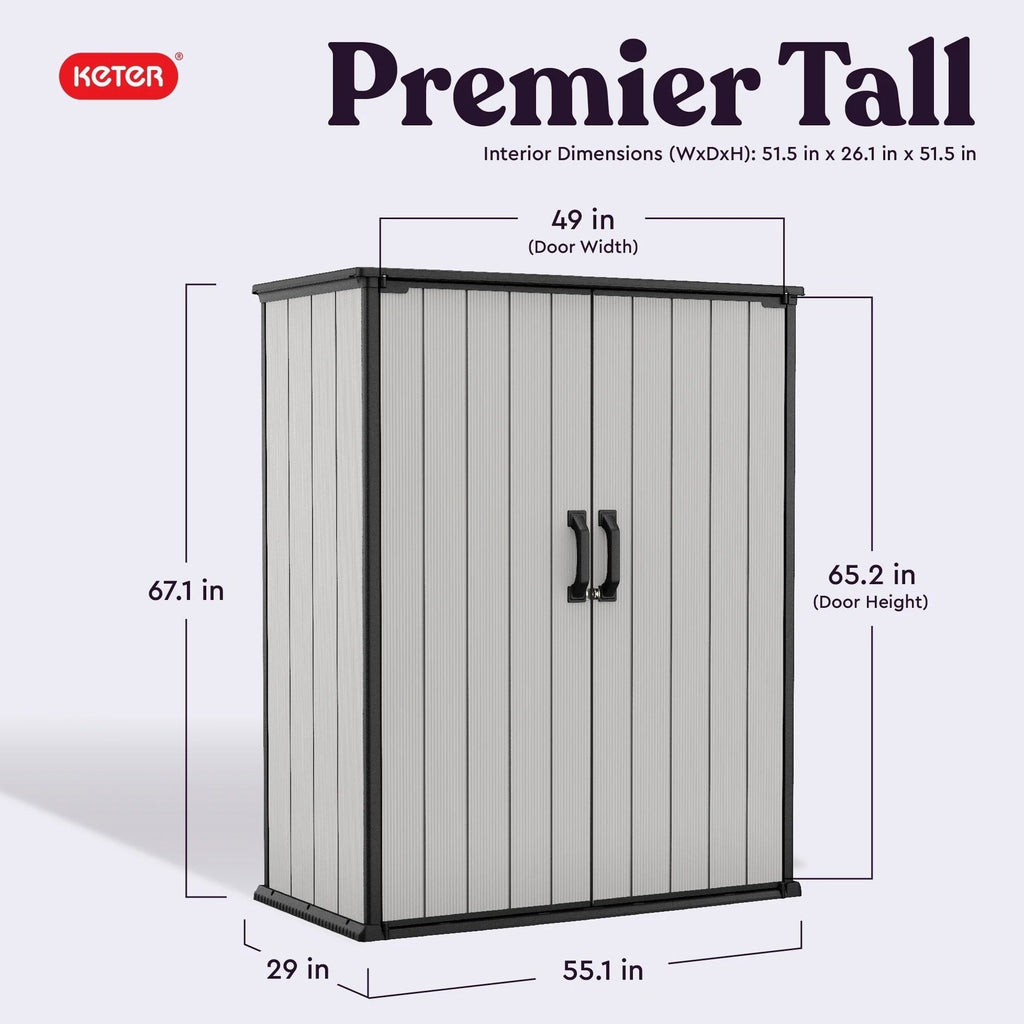 Keter Premier Tall Vertical Resin Outdoor Storage Shed With Floor And Locking Double Doors - Grey