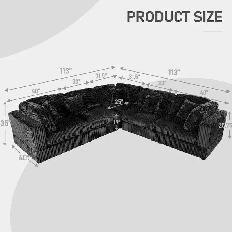Modular L-Shaped Sectional Sofa, 6-Piece Corduroy Upholstered Configuration