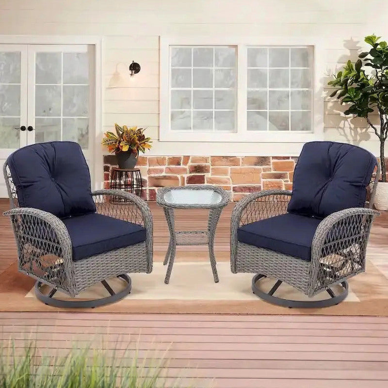 3-Piece Outdoor Swivel Rocker Conversation Set With Tempered Glass Coffee Table