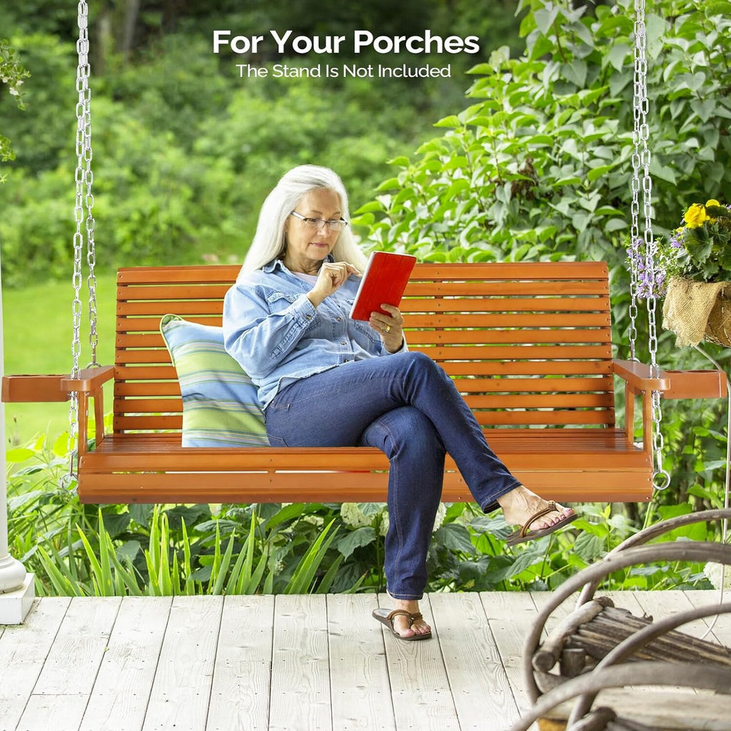 VINGLI Patio Porch Swing Bench With Cup Holders And Phone Slots, 5 FT Pro Brown, 880 LBS