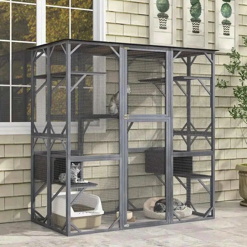 71-Inch Outdoor Wooden Catio Enclosure With 7 Platforms And 2 Condos - Grey